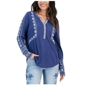 STYLE & CO Women's Cotton Blue Floral Embroidered Shirt Womens size Large